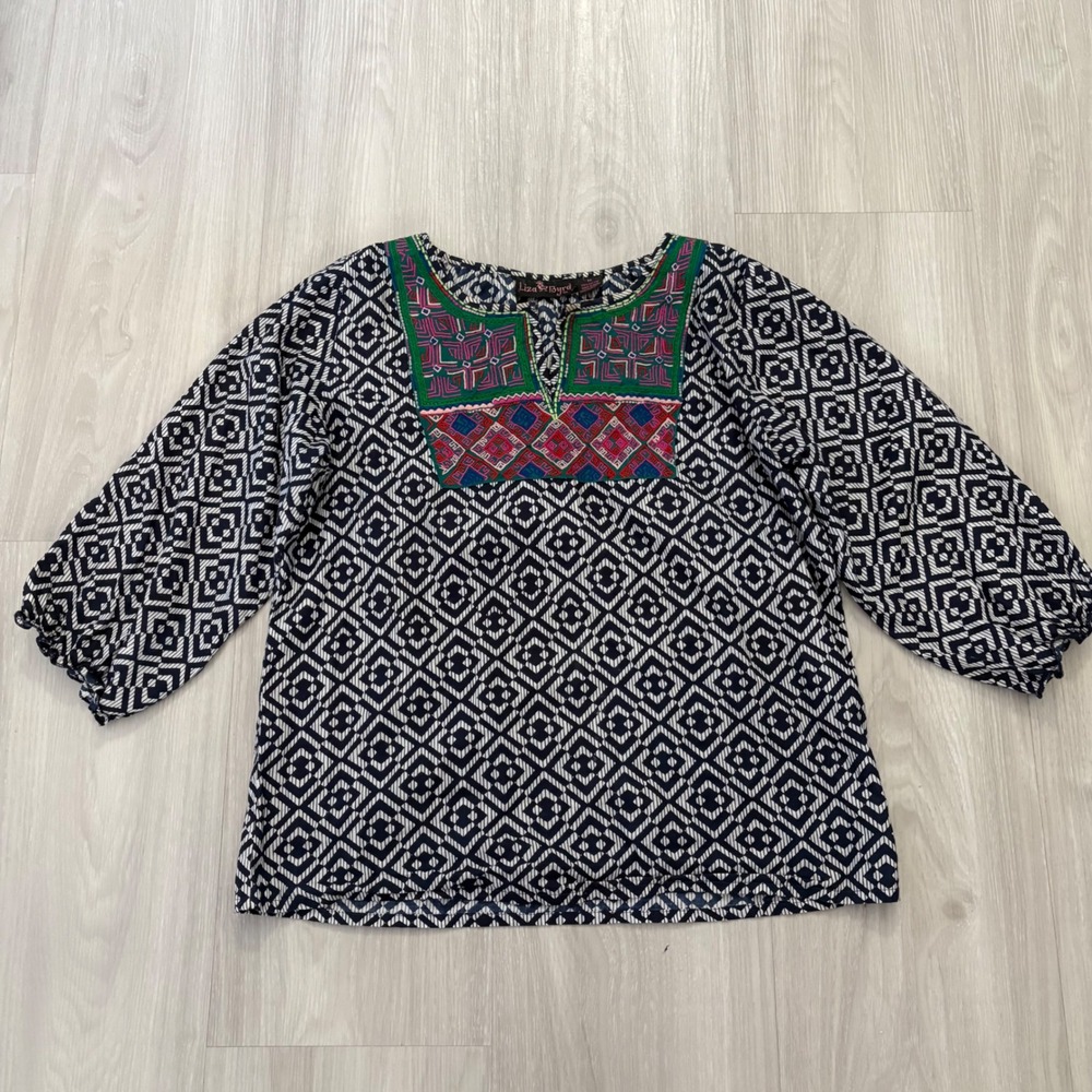 Liza Byrd Women Top Cotton Style Jhonny Navy Geometric Embroidered Bib 3/4 Sz M